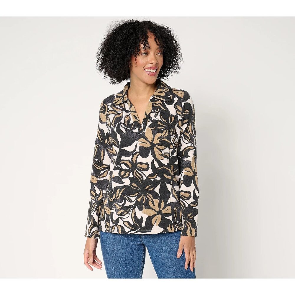 Susan Graver Printed Fleece Back Knit Pullover Size Large Black Floral Bohemian